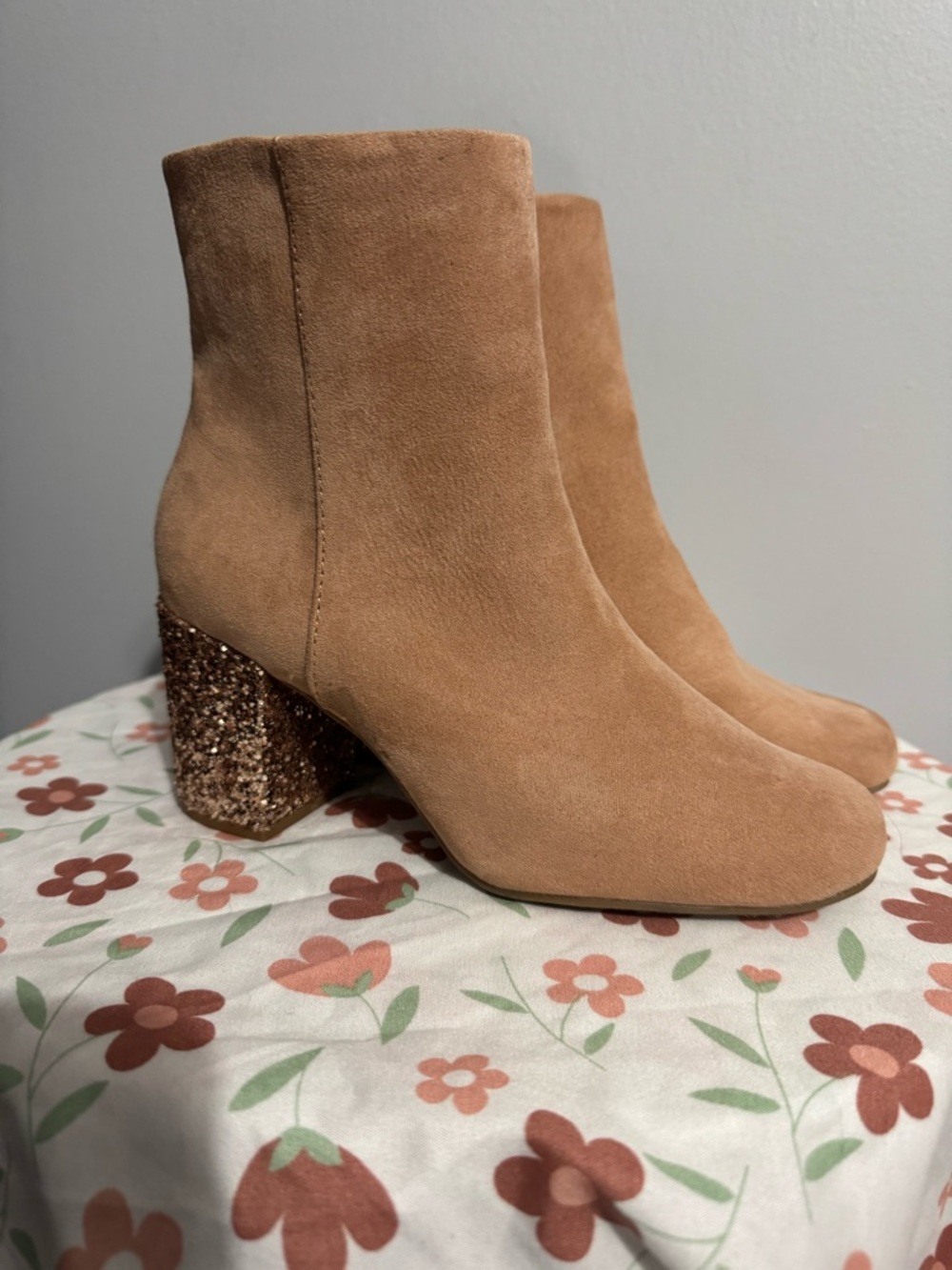 Tan Suede Ankle Boots with Rose Gold Glitter Block Heels